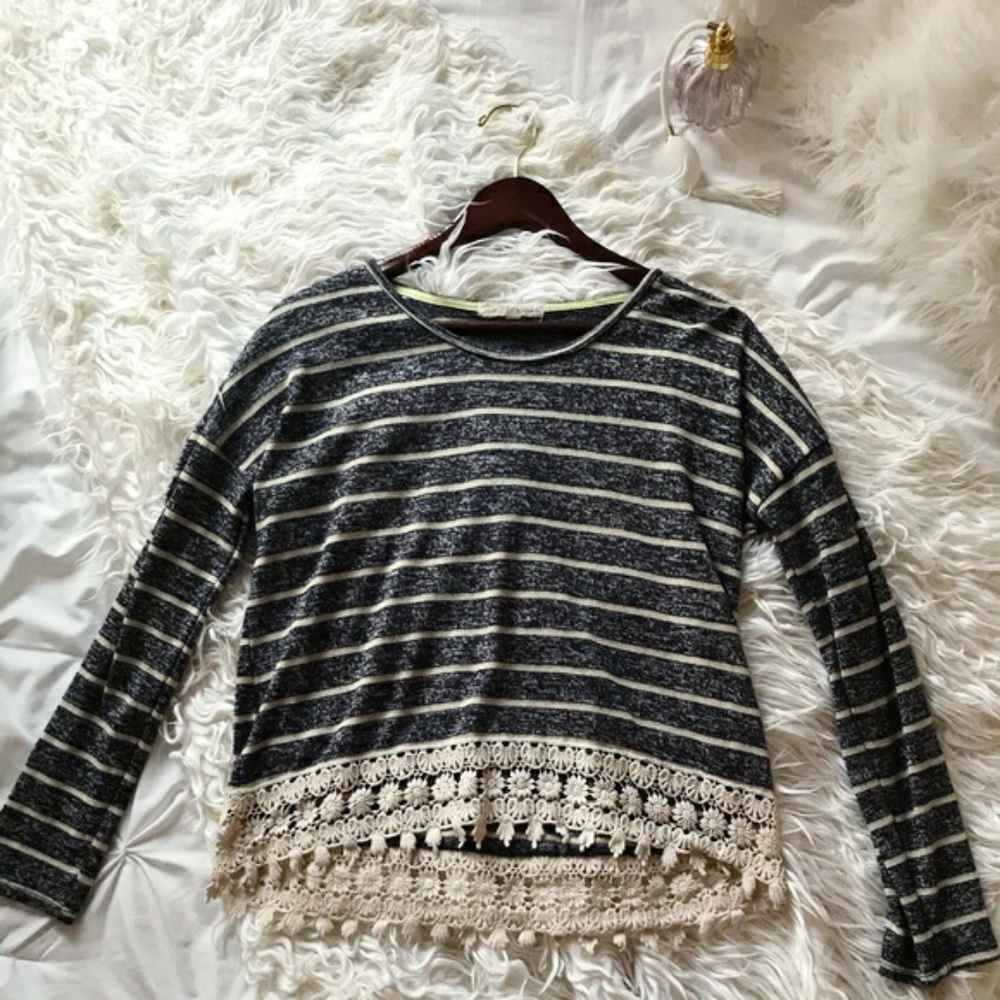 Rewind Long Sleeve Crochet Lace Trim Top
